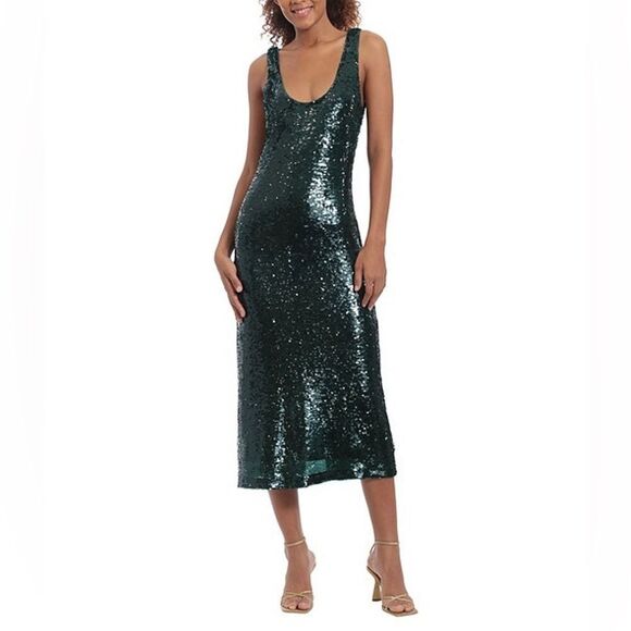 NWT Donna Morgan Sequin Scoop Neck emeraldine Sleeveless Midi Dress green Sz 4 - Picture 1 of 13